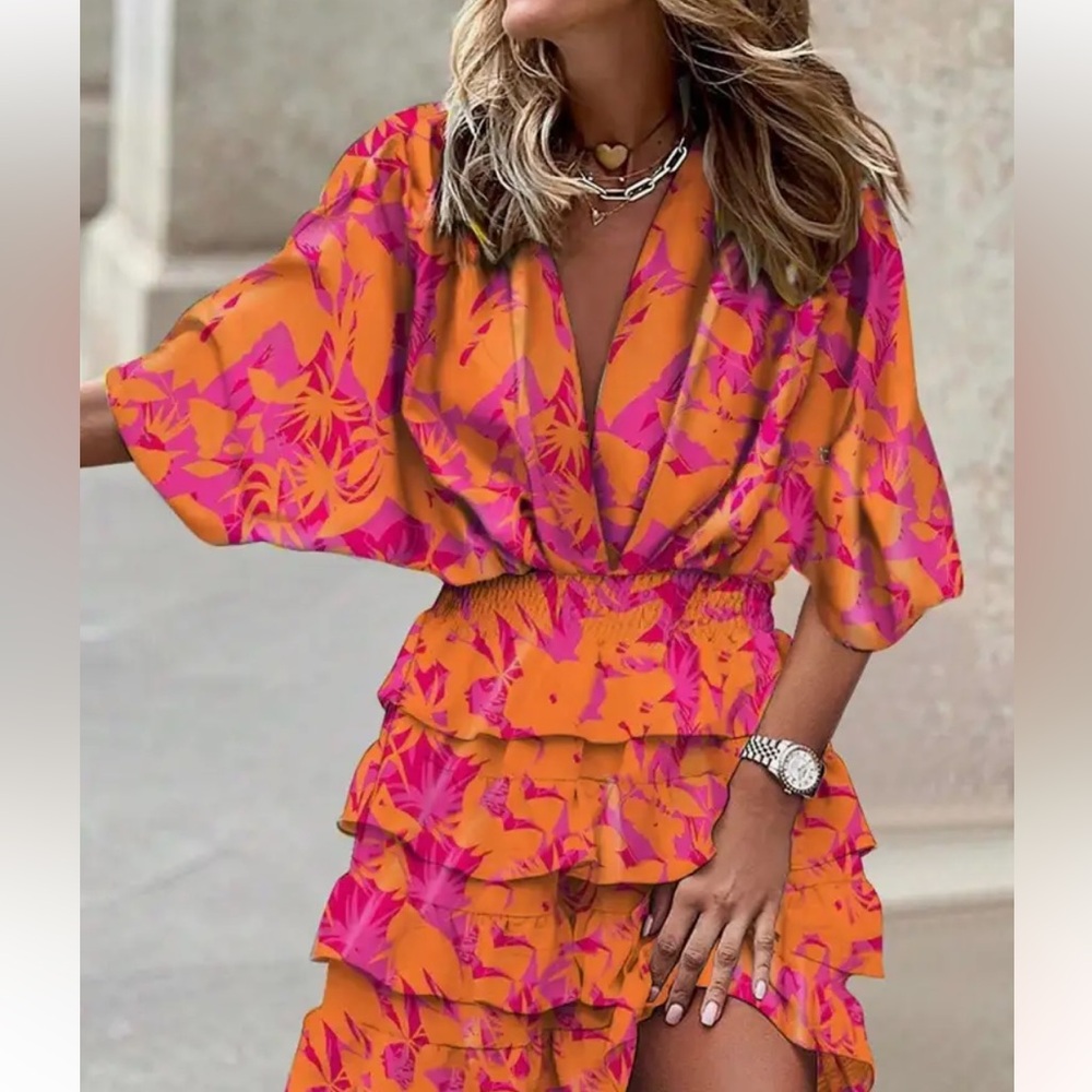 NWT Floral Pattern Vibrant Ruffle Mini‎ Dress